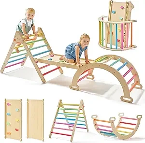 Tiny Land Pikler 三角形套装,7 合 1 可折叠 Pikler 三角攀岩玩具套装,适合儿童,婴儿室内游乐场丛林健身房,木制蒙特梭利攀岩套装,适合幼儿(彩虹)
